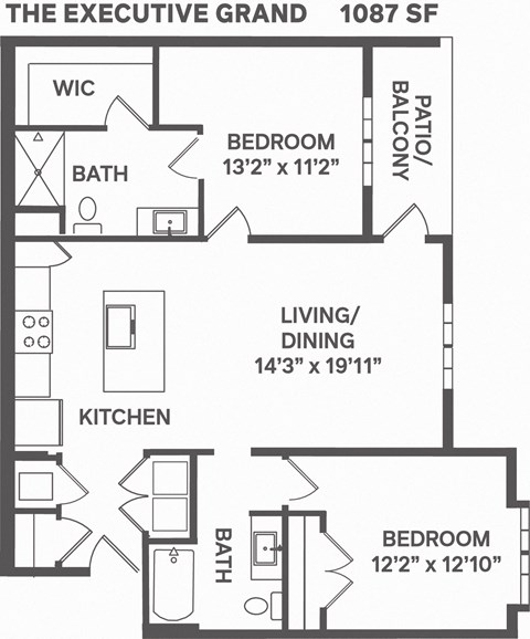Floor plan for 2 beds, 2 baths, 1201 sqft